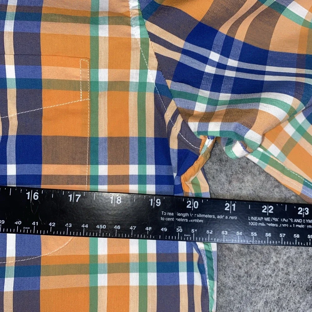 J. Crew Button Up‎ Shirt Men's Blue & Orange Plaid Slim Untucked Stretch Cotton